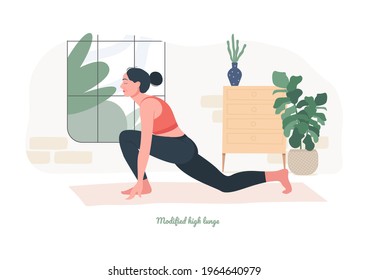 Modified high lunge Yoga pose. Young woman practicing yoga  exercise. Woman workout fitness, aerobic and exercises. Vector Illustration.