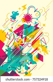 Fondo mestizo con abstracción hecha de varias formas en colores intensos. Diseño de estilo de vida juvenil.Ilustración vectorial.