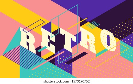 Modish isometric abstract banner in colorful retro style with typography. Vector illustration.