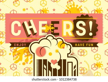 Modish style banner with typography, glass of beer and various graphic elements in colors. Vector illustration.