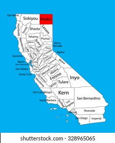 Modoc County (California, United States of America) vector map isolated on background. Editable map of California.