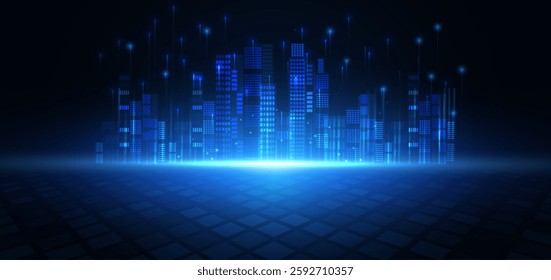 Modren glowing night cityscape on dark blue background with lighting effect and sparkle. City landscape. Vector illustration