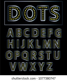 Modul vector metallic lettering - font alphabet. Round letters with lights.
