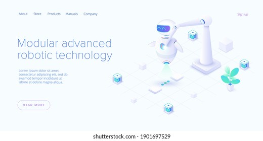 Modular advanced robotics in isometric vector illustration. Robot assembling with robo arm. Web banner layout template.