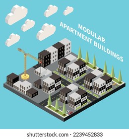 Modular apartment buildings concept with construction site with block house vector illustration