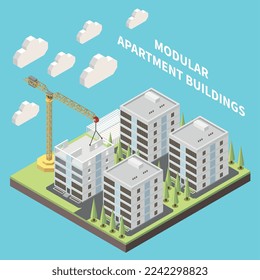 Modular apartment buildings with construction site with concrete block house vector illustration