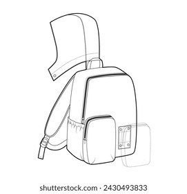 Modulare Rucksack Silhouette Tasche mit einer Kapuze. Fashion Accessoire Technische Illustration. Vector Schultasche 3-4 Ansicht für Männer, Frauen, Unisex-Stil, flache Handtasche CAD Mockup Skizze isoliert