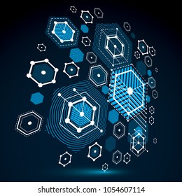 Modular Bauhaus 3d vector background, created from geometric figures like hexagons, circles and lines. For use as advertising poster or banner design. Abstract mechanical scheme made in blue color.