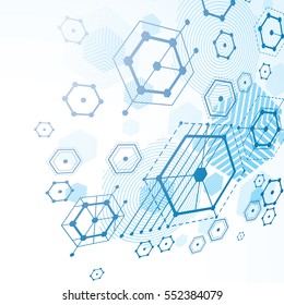Modular Bauhaus 3d vector blue background, created from simple geometric figures like hexagons and lines. Best for use as advertising poster or banner design.