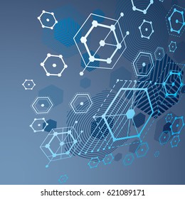 Modular Bauhaus 3d vector blue background, created from simple geometric figures like hexagons and lines. Best for use as advertising poster or banner design.