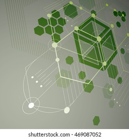 Modular Bauhaus 3d vector green background, created from simple geometric figures like hexagons and lines. Best for use as advertising poster or banner design.