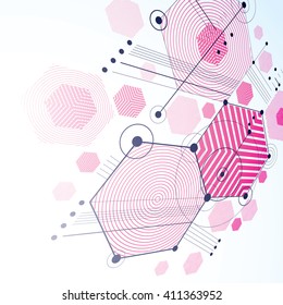 Modular Bauhaus 3d vector magenta background, created from simple geometric figures like hexagons and lines. Best for use as advertising poster or banner design.