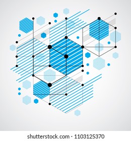 Modular Bauhaus vector background, created from simple geometric figures like hexagons, circles and lines. Best for use as advertising poster or banner design. Abstract mechanical scheme.