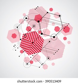 Modular Bauhaus vector background, created from simple geometric figures like hexagons, circles and lines. Best for use as advertising poster or banner design. Abstract mechanical scheme.