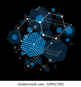 Modular Bauhaus vector background, created from simple geometric figures like hexagons, circles and lines. Best for use as advertising poster or banner design. Abstract mechanical scheme.
