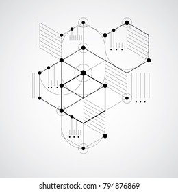 Modular Bauhaus vector background, created from simple geometric figures like hexagons, circles and lines. Best for use as advertising poster or banner design. Abstract mechanical scheme.