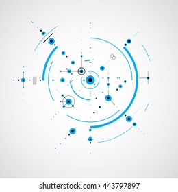 Modular Bauhaus Vector Blue Background, Created From Simple Geometric Figures Like Circles And Lines. Best For Use As Advertising Poster Or Banner Design. Abstract Mechanical Scheme.