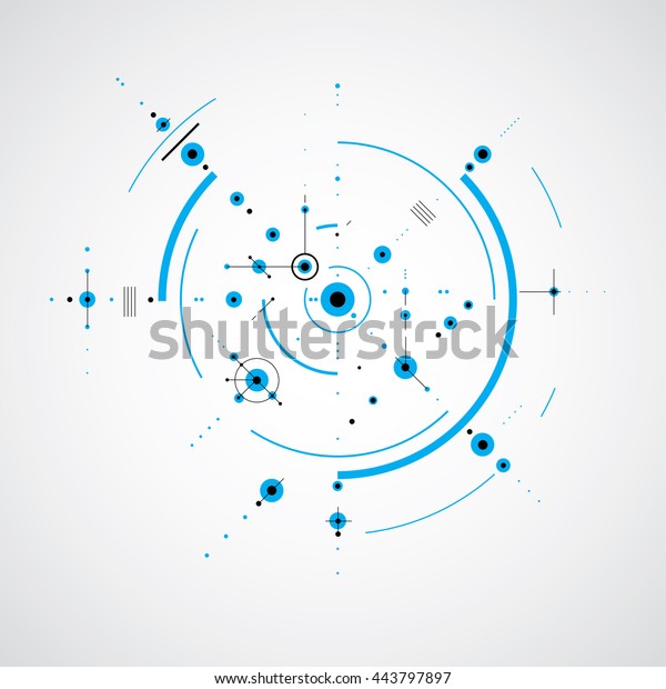 円や線などの単純な幾何学的な図形から作成された モジュラー型バウハウスベクター画像の青の背景 広告ポスターやバナーデザインに最適 抽象的な機械設定 のベクター画像素材 ロイヤリティフリー