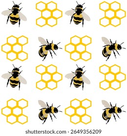 Modular bee and honeycomb elements. Mix-and-match geometric hexagons with stylized bees. Versatile components for custom pattern creation and DIY design projects.