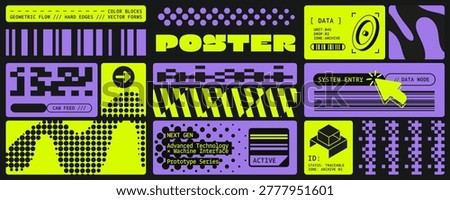 Modular bento grid with neon green and purple futuristic elements, halftone patterns, pixel shape. Geometric abstract line and graphic modern poster