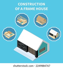 Modulares Gebäude - isometrisches Konzept mit Stufen der Konstruktion von Rahmengebäuden Vektorgrafik