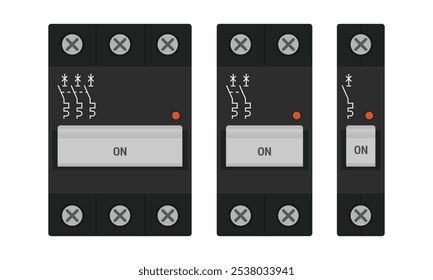 Disjuntores modulares para montagem do trilho DIN. Conjunto de disjuntores preto de um, dois e três polos. Ilustração de vetor plano isolada no plano de fundo branco
