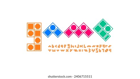 Modular colored font alphabet, graphic Latin letters and Arab numbers made in geometric style, vector illustration 10eps