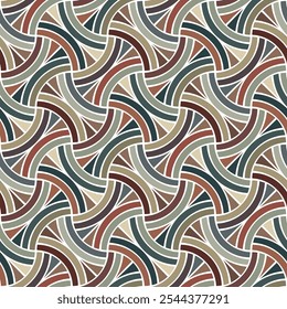 Composición modular con Formas geométricas de rayas curvas verdes, marrones y beige, delineadas con delgadas líneas blancas. Motivo asiático tradicional. Diseño colorido retro con un patrón de repetición sin fisuras. 