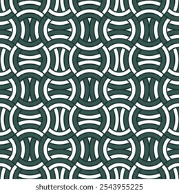 Modular composition with interlocking geometric striped shapes in green and white. Modern checkered design with a seamless repeating pattern. Vector illustration.