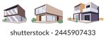 Modular construction of houses architecture modern house glass and wood villa. Collection of contemporary modular block homes. Flat illustration for landing pages, banners, brochures, sales