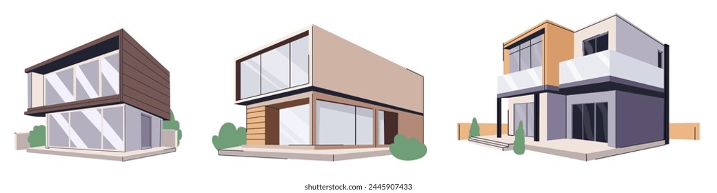 Modular construction of houses architecture modern house glass and wood villa. Collection of contemporary modular block homes. Flat illustration for landing pages, banners, brochures, sales