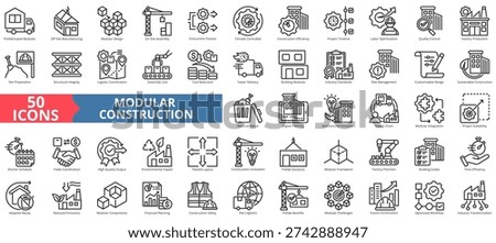 modular construction icon pack outline contains trade coordination, prefab solutions, building codes, time efficiency, adaptive reuse, reduced emissions, site logistics, prefab benefits, challenges