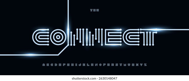 Fonte digital modular, tipo de circuito para marcas de tecnologia, projetos cibernéticos, interfaces futuristas, logotipo de IA, gadgets inteligentes, Internet das coisas, sistemas de comunicação. Alfabeto vetorial. 