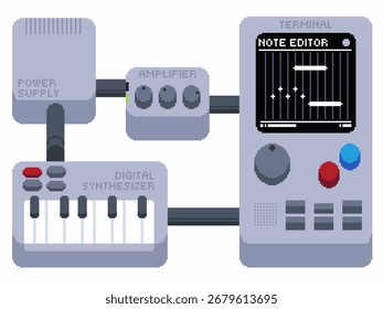 Modular Digital Synthesizer Kit with Keyboard and Amplifier, Pixel Art Style Minimal Flat Concept Illustration