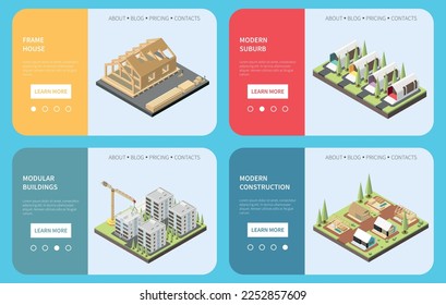 Modular frame building isometric banner set isolated vector illustration