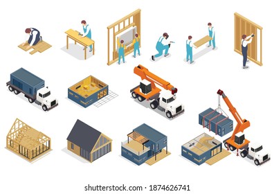 Modular frame building isometric composition with isolated icons of trucks and images of buildings under construction vector illustration
