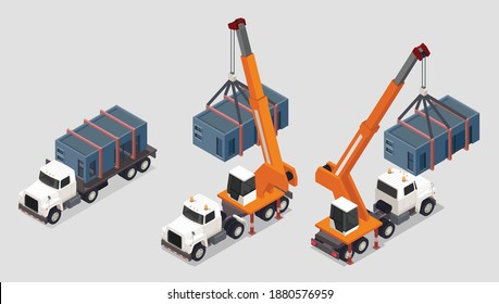 Modular frame building isometric composition with set of trucks with pillar cranes and box tanks loading vector illustration