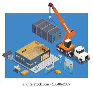 Modular frame building isometric composition with image of house under construction and truck with crane box vector illustration