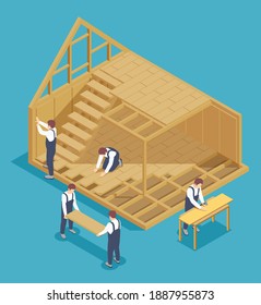 Modular frame building isometric composition with characters of workers and view of living house under construction vector illustration