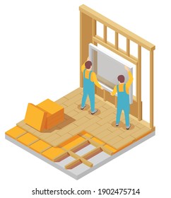 Modular frame building isometric composition with view of two workers installing glass window with wooden frame vector illustration