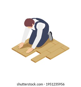 Modular frame building isometric composition with human character of worker doing tiling vector illustration