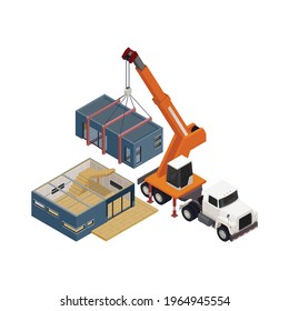 Modular Frame Building Isometric Composition With Truck Crane Moving House Section Vector Illustration