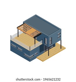 Modular frame building isometric composition with isolated image of modern cottage made from modules vector illustration