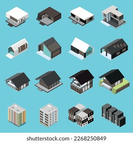 Modular frame building isometric icons set with mobile house constructions isolated vector illustration