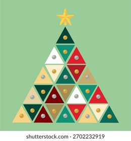 Modularer, geometrischer Weihnachtsbaum aus Dreiecken. Sierpinski-Dreieck. Frohe Weihnachten. grün, rot, weiß, golden.