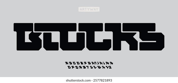 Modular geometric letters, bold blocky font, futuristic minimalistic typography, heavy industrial typeface, urban branding, abstract creative monogram, digital techno lettering.