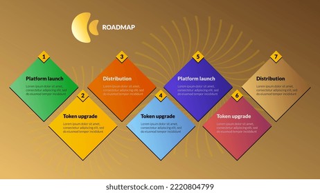 Modular geometric roadmap made of rhombuses on gold background. Timeline infographic template for business presentation. Editable vector.