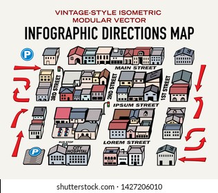 Modular graphic city blocks and arrows for creating directions infographic maps. Includes gas station and parking lot.
