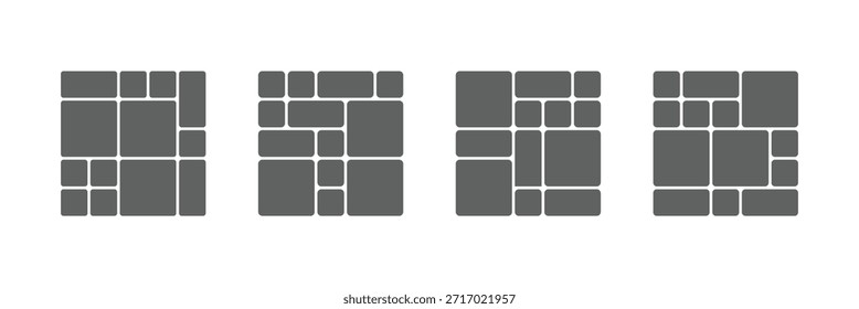 Ícones de layout de grade modular Bento Elementos de interface de estilo. Blocos de layout Bento editáveis para Dashboard e Portfolio Design em segundo plano. EPS 10.