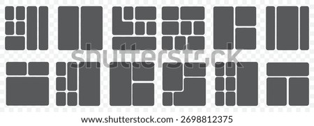 Modular Grid Layout Icons – Bento Style Interface Elements. Editable Bento Layout Blocks for Dashboard and Portfolio Design on Transparent Background. EPS 10.